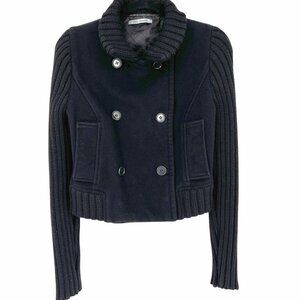 John Varvatos Cropped Pea Coat with Knit Sleeves Black Womens Size Small